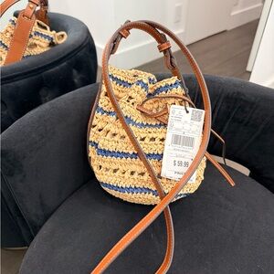 Mango Tan and Blue Woven Shoulder Bag